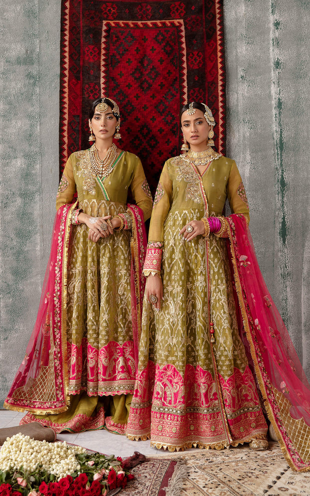 Mehndi Green Embellished Pishwas Style Pakistani Wedding Dress