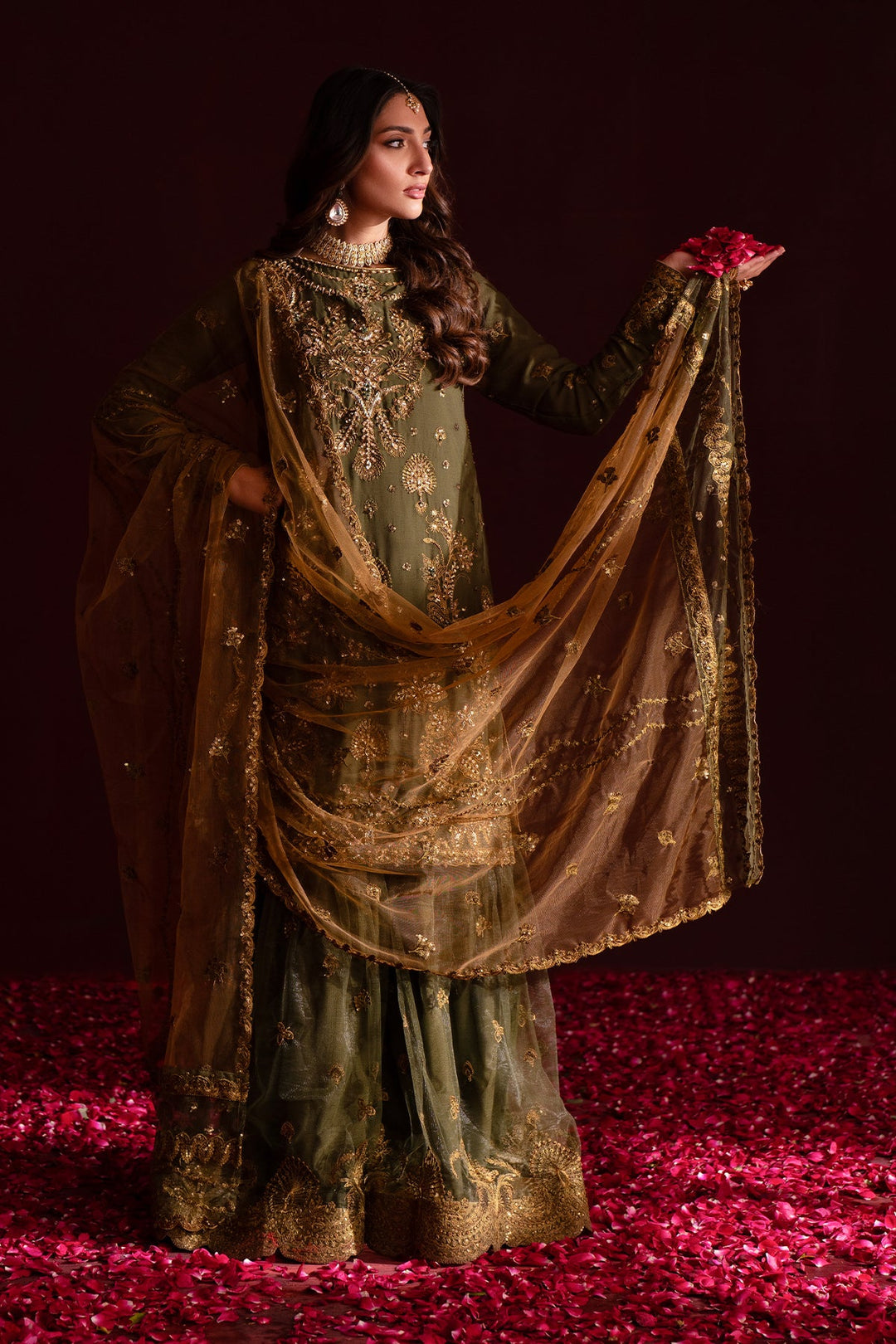 Mehndi Green Embroidered Pakistani Salwar Kameez Farshi Gharara Style