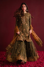 Mehndi Green Embroidered Pakistani Salwar Kameez in Farshi Gharara Style