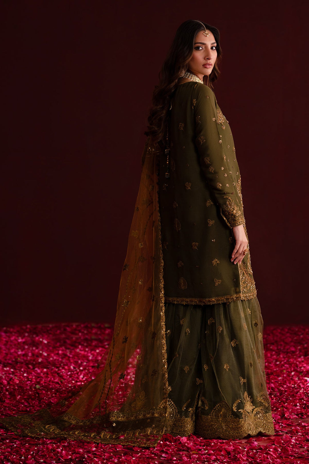 Mehndi Green Embroidered Pakistani Salwar Kameez in Farshi Gharara Style