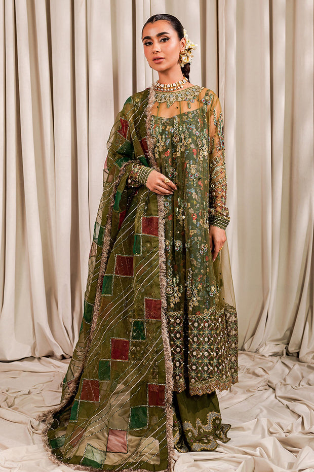 Mehndi Green Multicolored Pakistani Kameez Sharara Wedding Dress