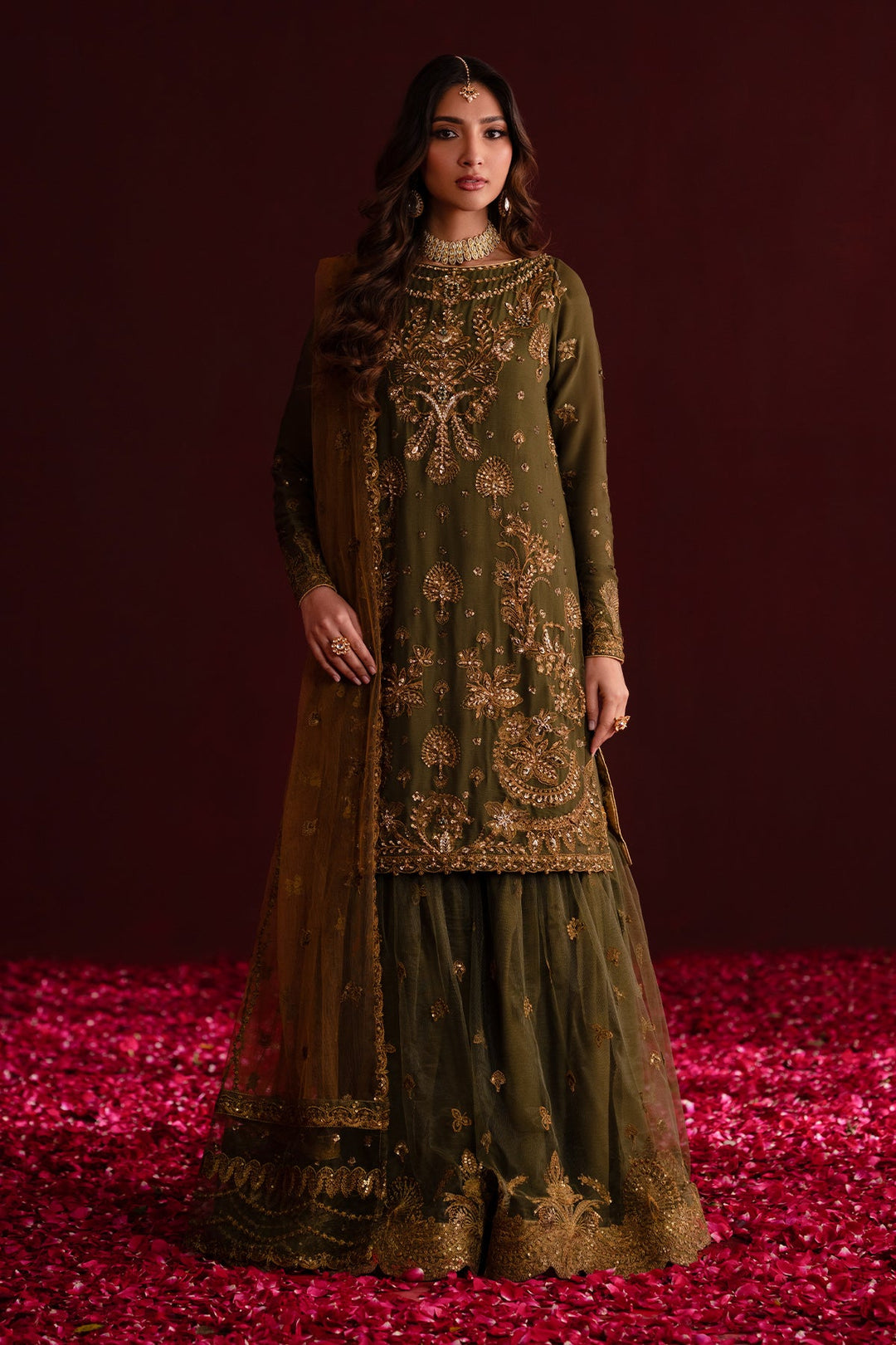 Mehndi Green Embroidered Pakistani Salwar Kameez Farshi Gharara Style