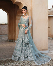 Mint Blue Pishwas Lehenga Style Pakistani Bridal Dress Online