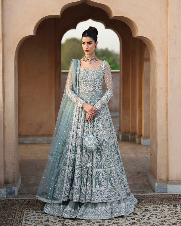 Mint Blue Pishwas Lehenga Style Pakistani Bridal Dress