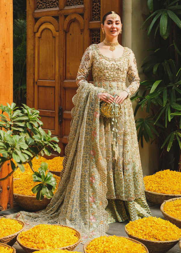 Mint Green Embroidered Pakistani Wedding Dress Pishwas Sharara Style
