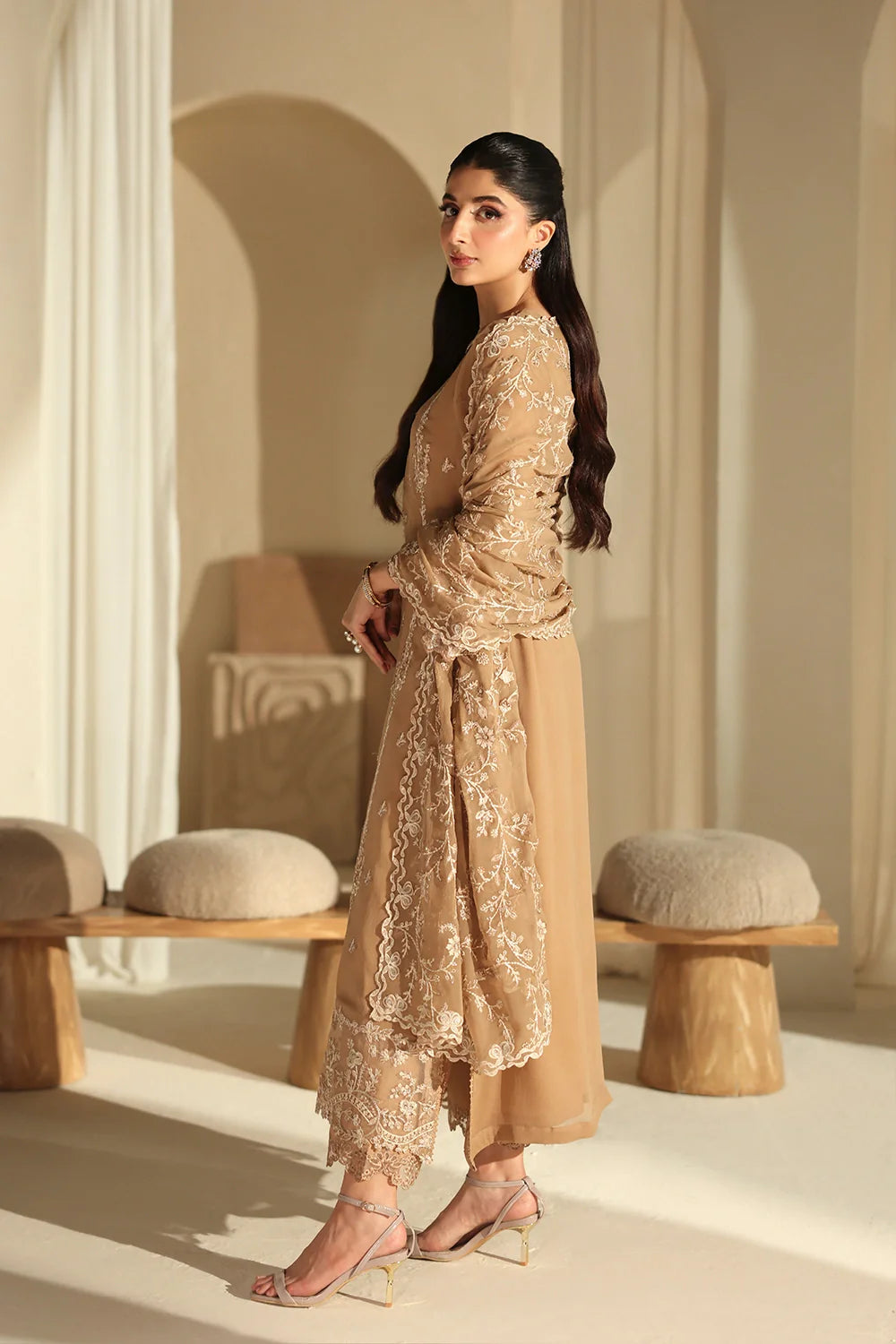 Elegant Mocha Sequin Embroidered Chiffon Pakistani Party Dress