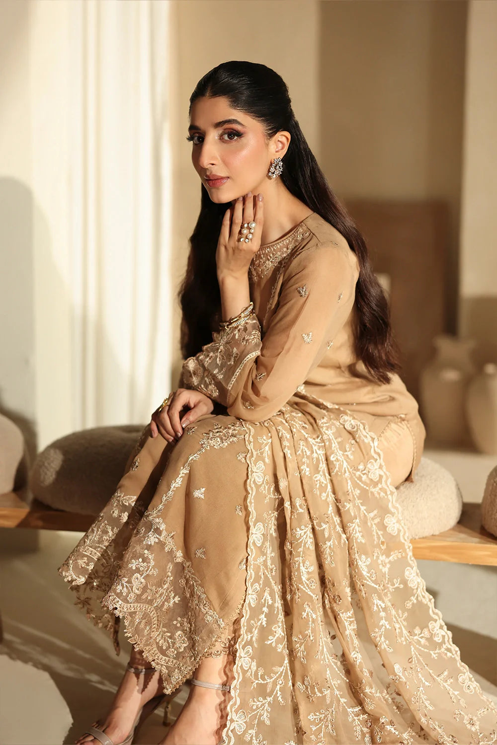 Elegant Mocha Sequin Embroidered Chiffon Pakistani Party Dress