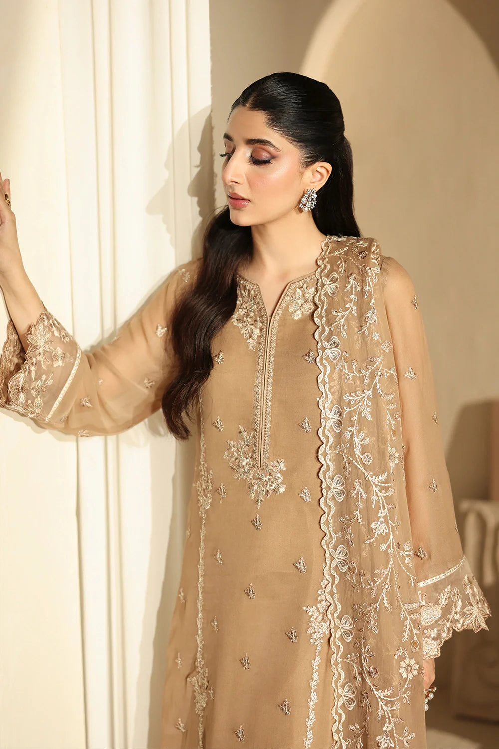 Elegant Mocha Sequin Embroidered Chiffon Pakistani Party Dress