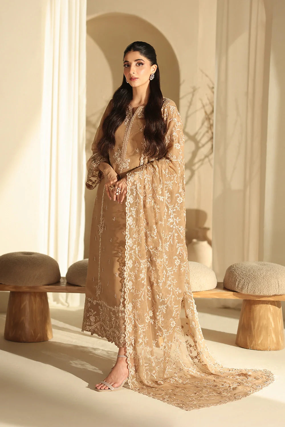 Elegant Mocha Sequin Embroidered Chiffon Pakistani Party Dress