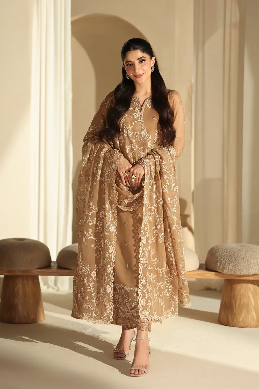 Elegant Mocha Sequin Embroidered Chiffon Pakistani Party Dress