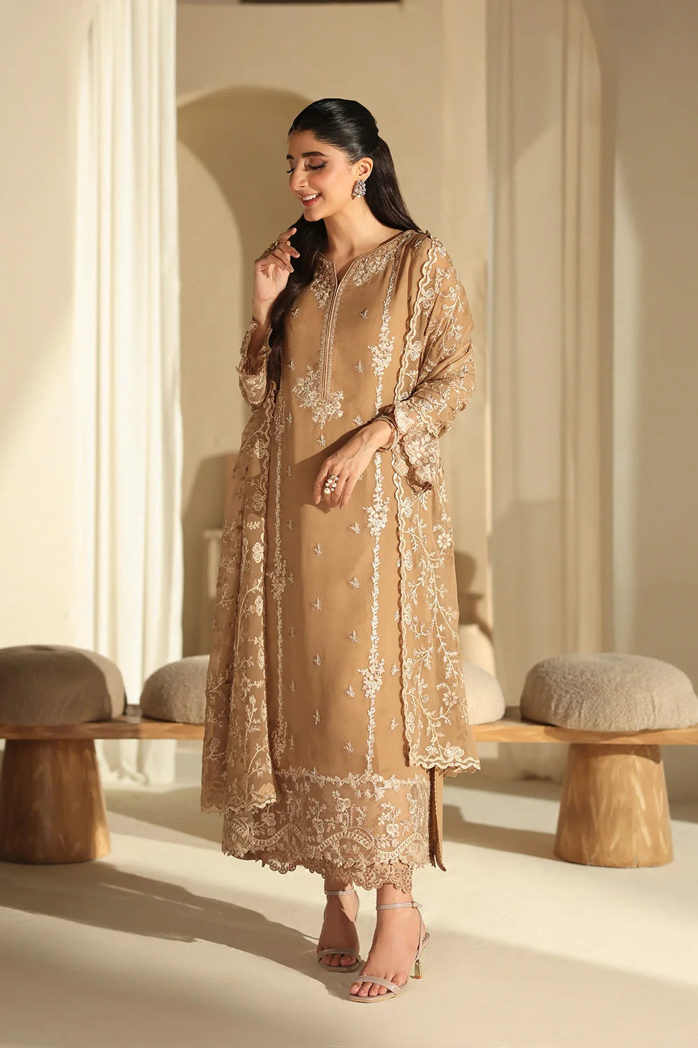 Elegant Mocha Sequin Embroidered Chiffon Pakistani Party Dress