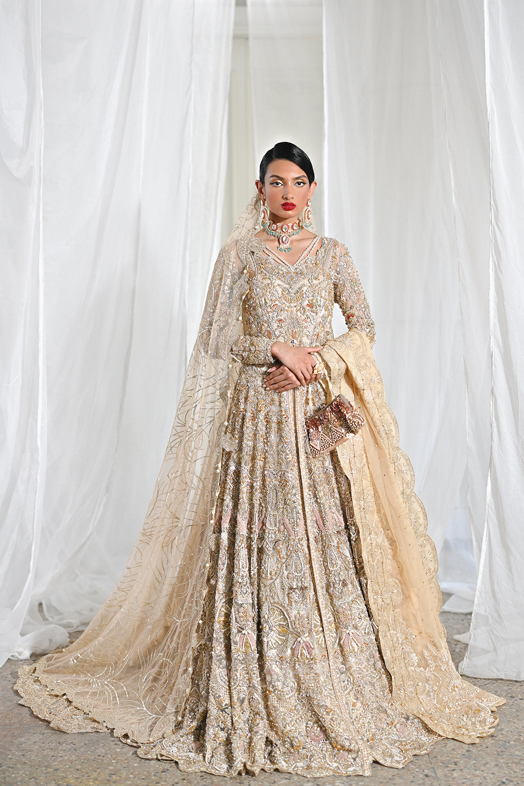 Golden Net Pakistani Bridal Dress with Embroidery and Dupatta