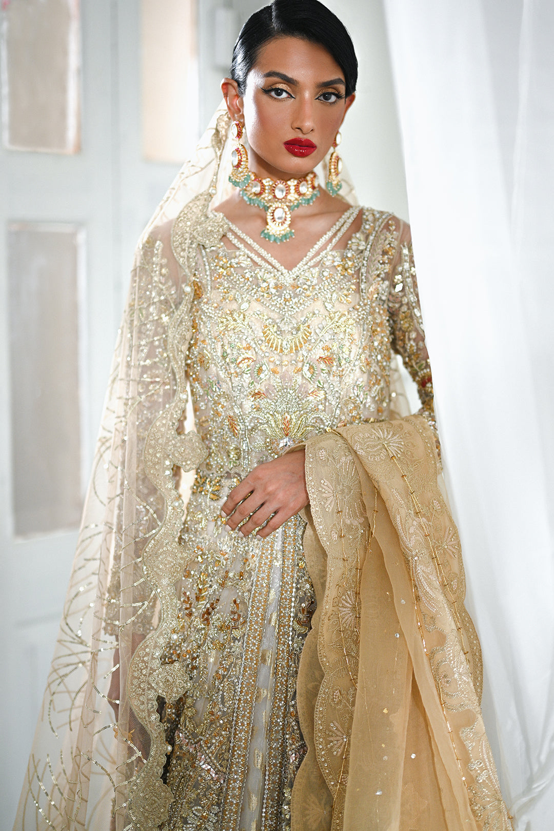 Golden Net Pakistani Bridal Dress with Embroidery and Dupatta