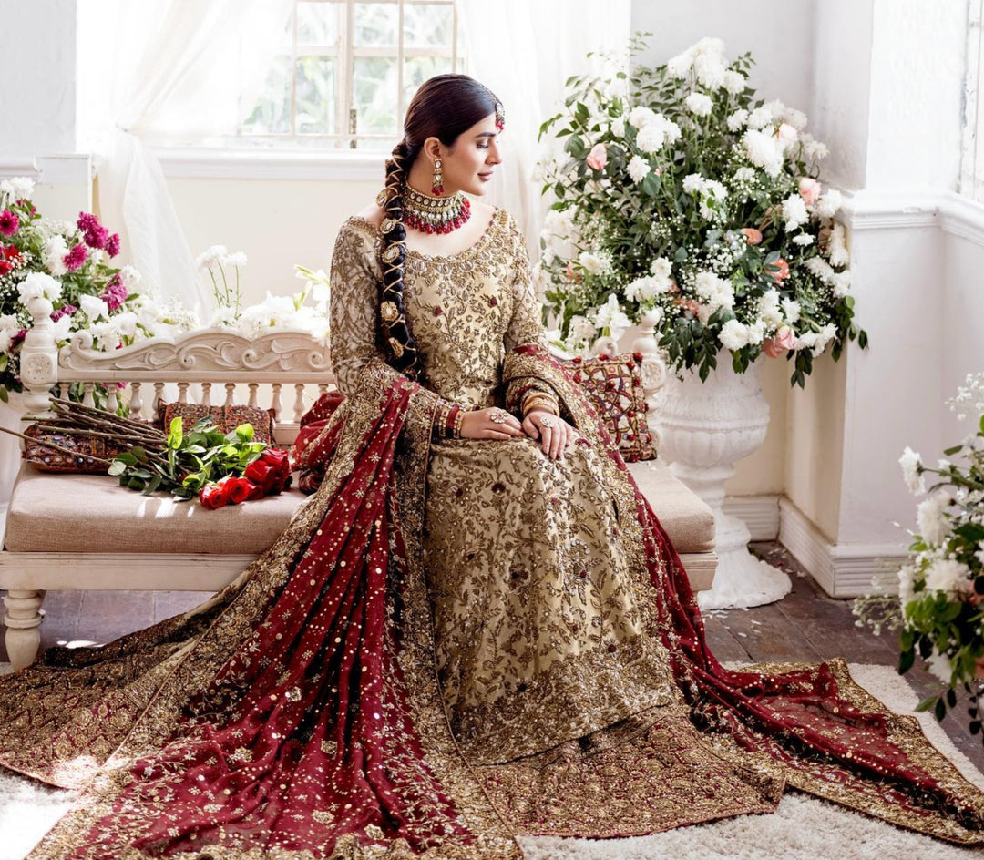 Mughlai Gold Red Kameez Gharara Pakistani