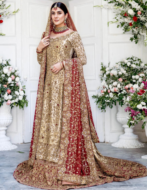 Mughlai Gold Red Kameez Gharara Pakistani Bridal Dresses