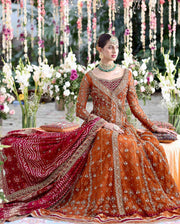 Mughlai Orange Lehenga Pishwas Pakistani Bridal Dresses 2023