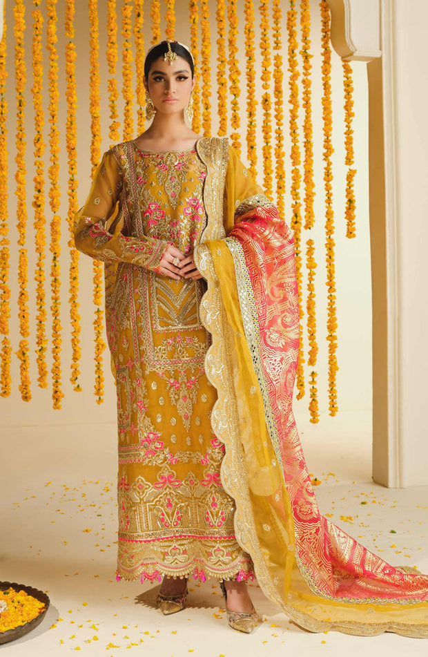 Multicolored Embroidered Yellow Pakistani Kameez wedding Dress