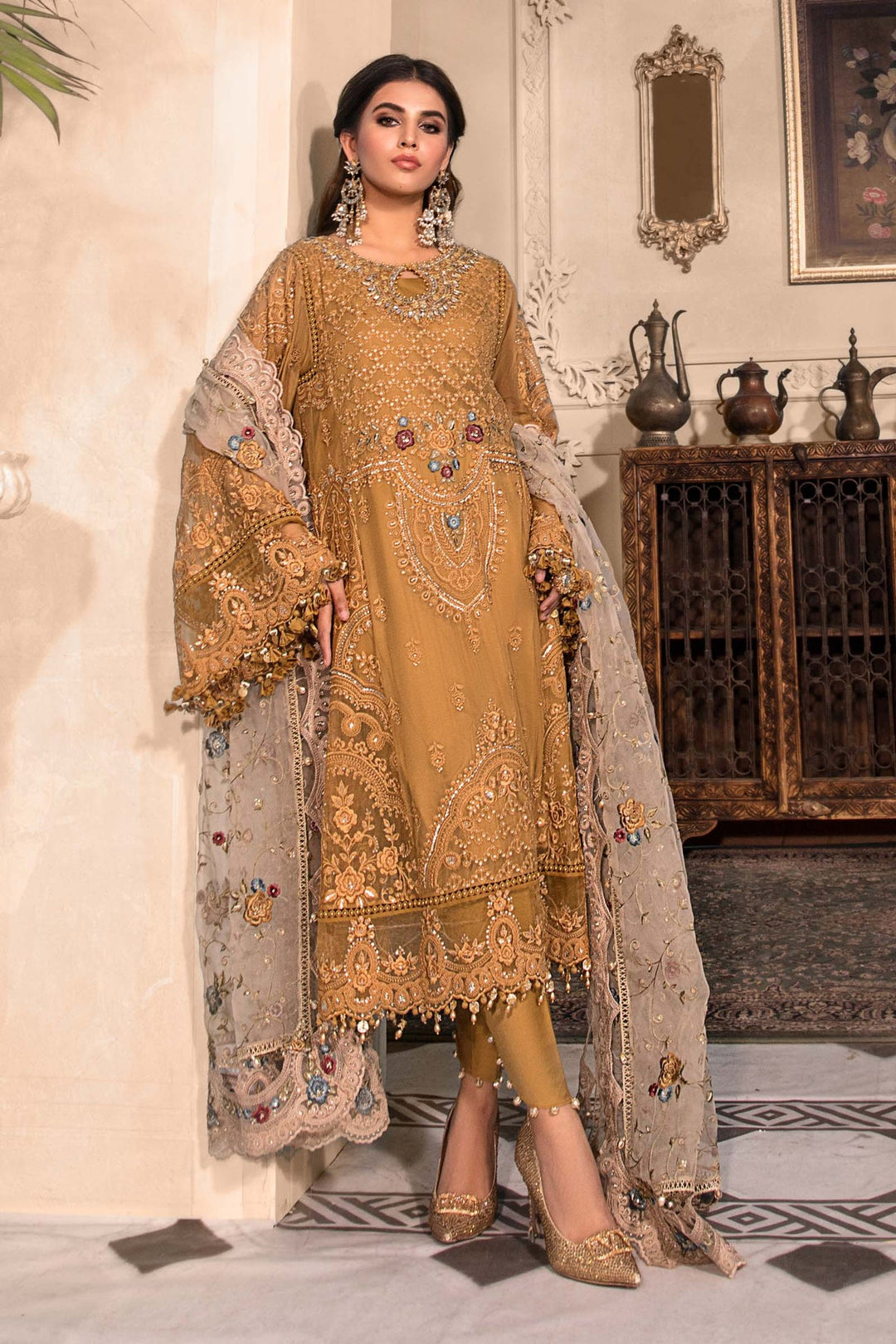 Mustard Chiffon Frock Pakistani Wedding Dress