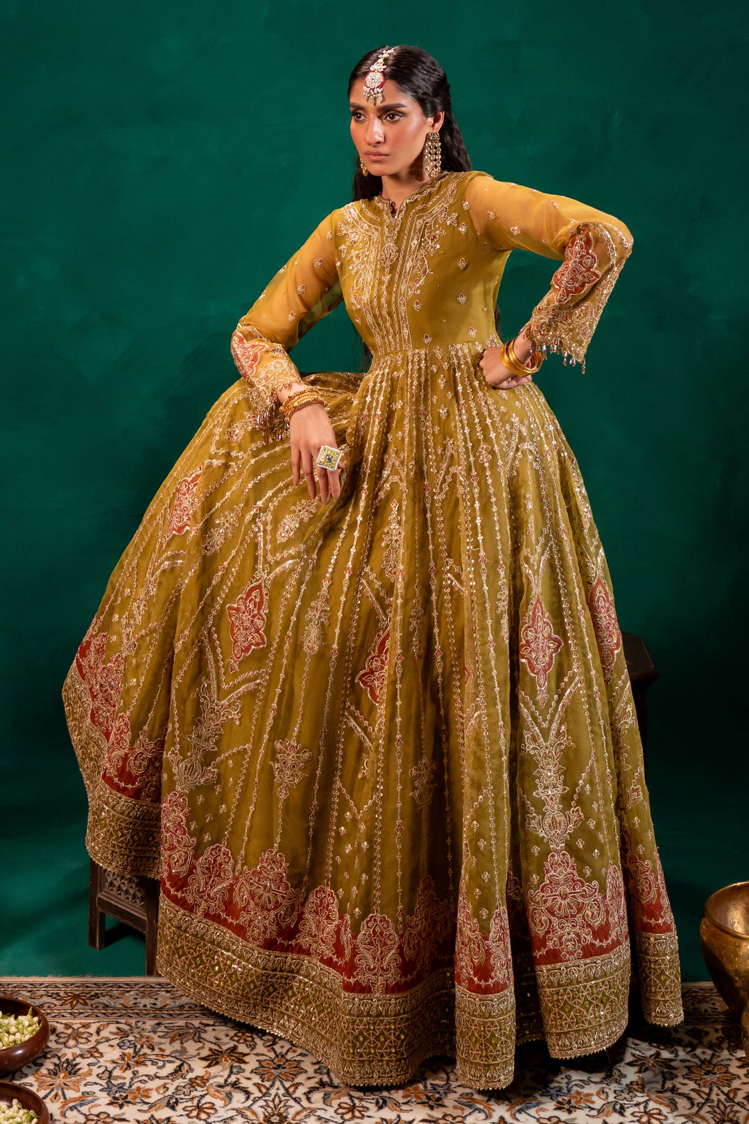 Mustard Green Embroidered Pakistani Wedding Dress in Long Frock Style –  Nameera by Farooq