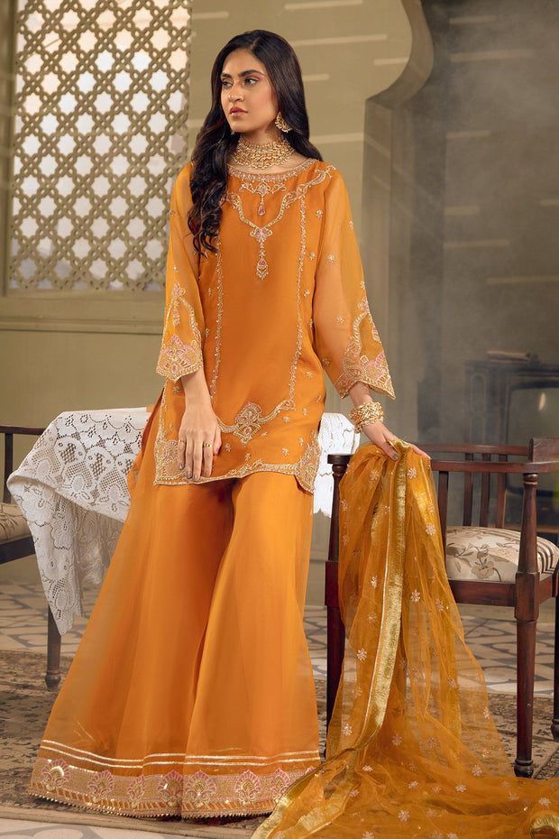 Mustard Orange Embroidered Pakistani Kameez Sharara Party Dress 2023