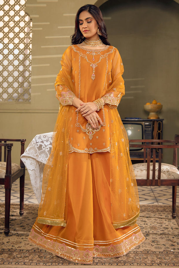 Mustard Orange Embroidered Pakistani Kameez Sharara Party Dress
