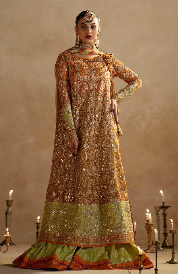Mustard Royal Style Pakistani Wedding Dress Kameez Heavy Flare Sharara