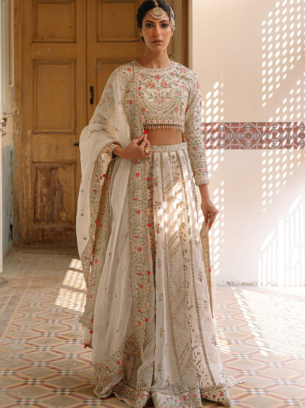 Pakistani Bridal Dress in Ivory Khadi Silk & Organza