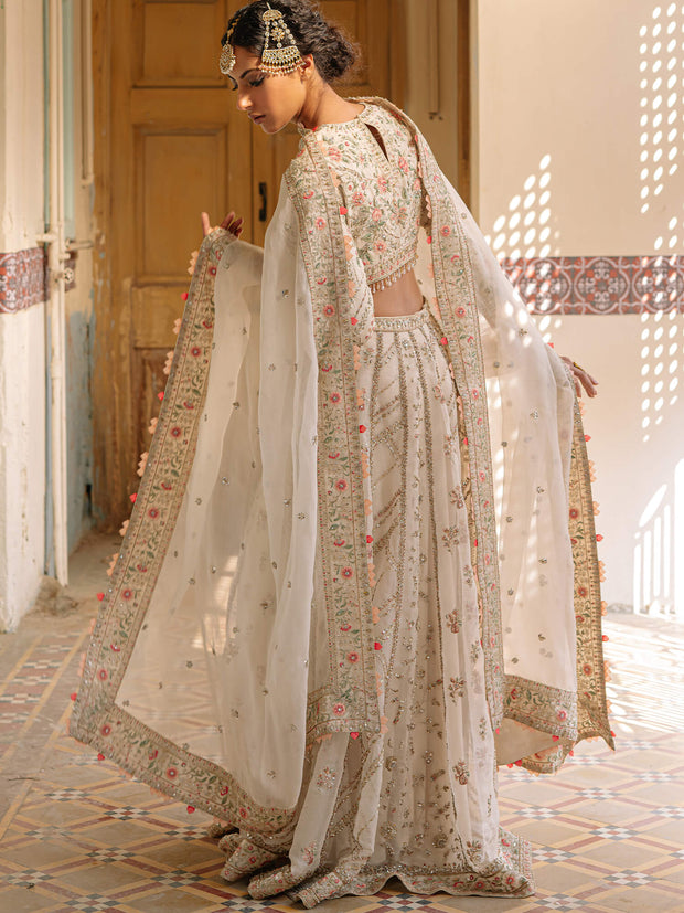 Pakistani Bridal Dress in Ivory Khadi Silk & Organza