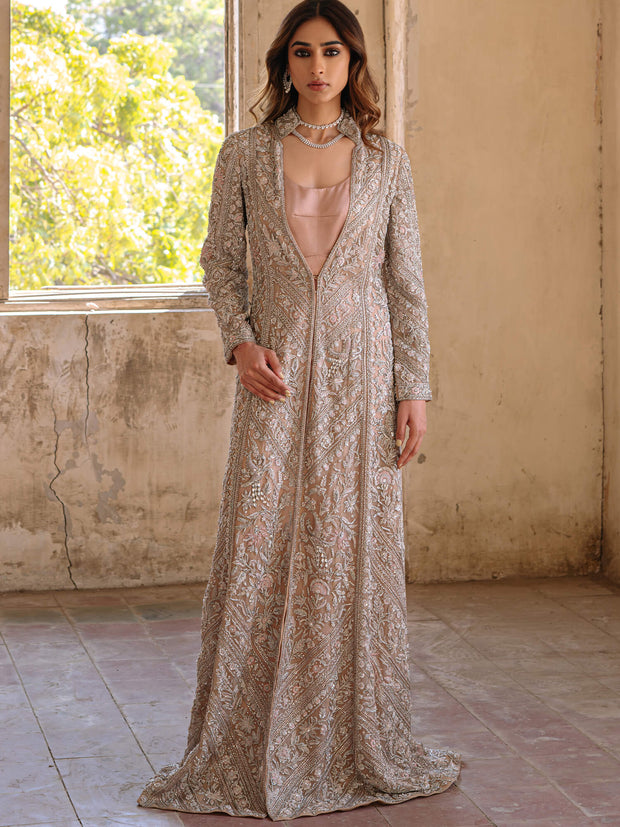 Pakistani Wedding Dress with Chai Pink Organza & Satin Silk