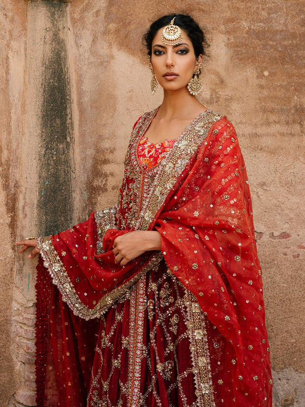 Pakistani Wedding Dress with Velvet Lehenga and Dupatta
