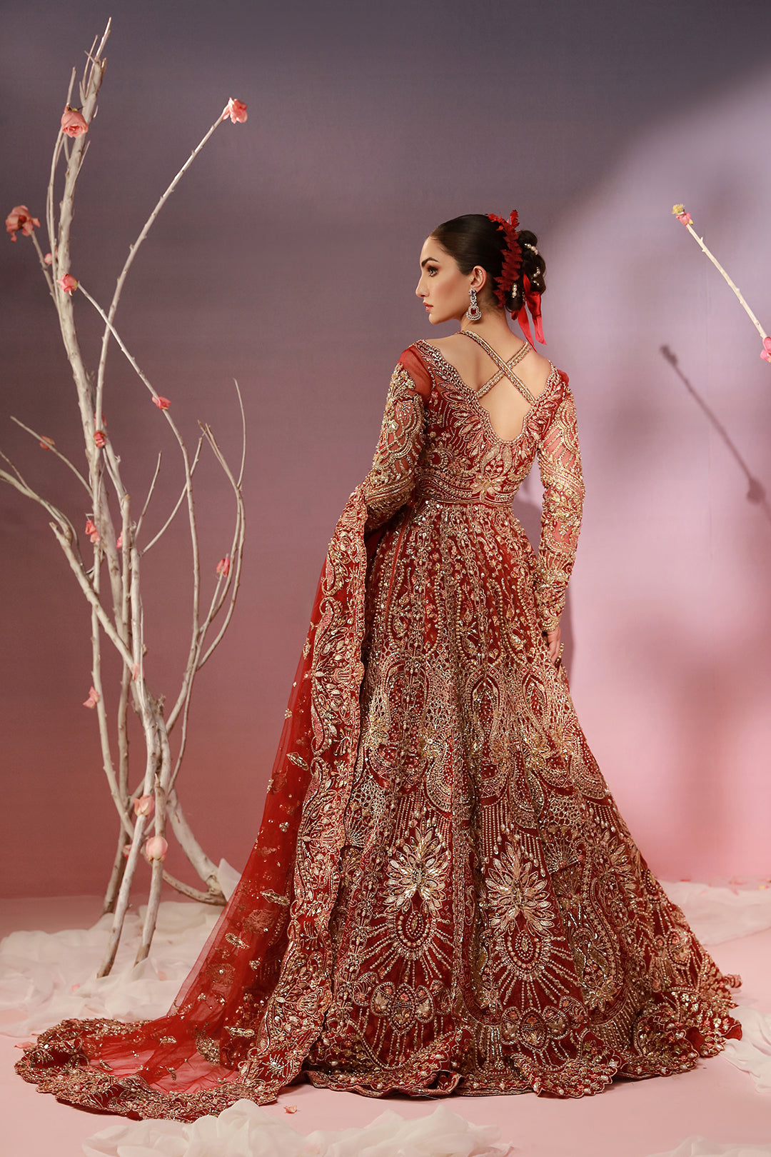 Scarlet Red Pakistani Bridal Dress with Exquisite Embroidery