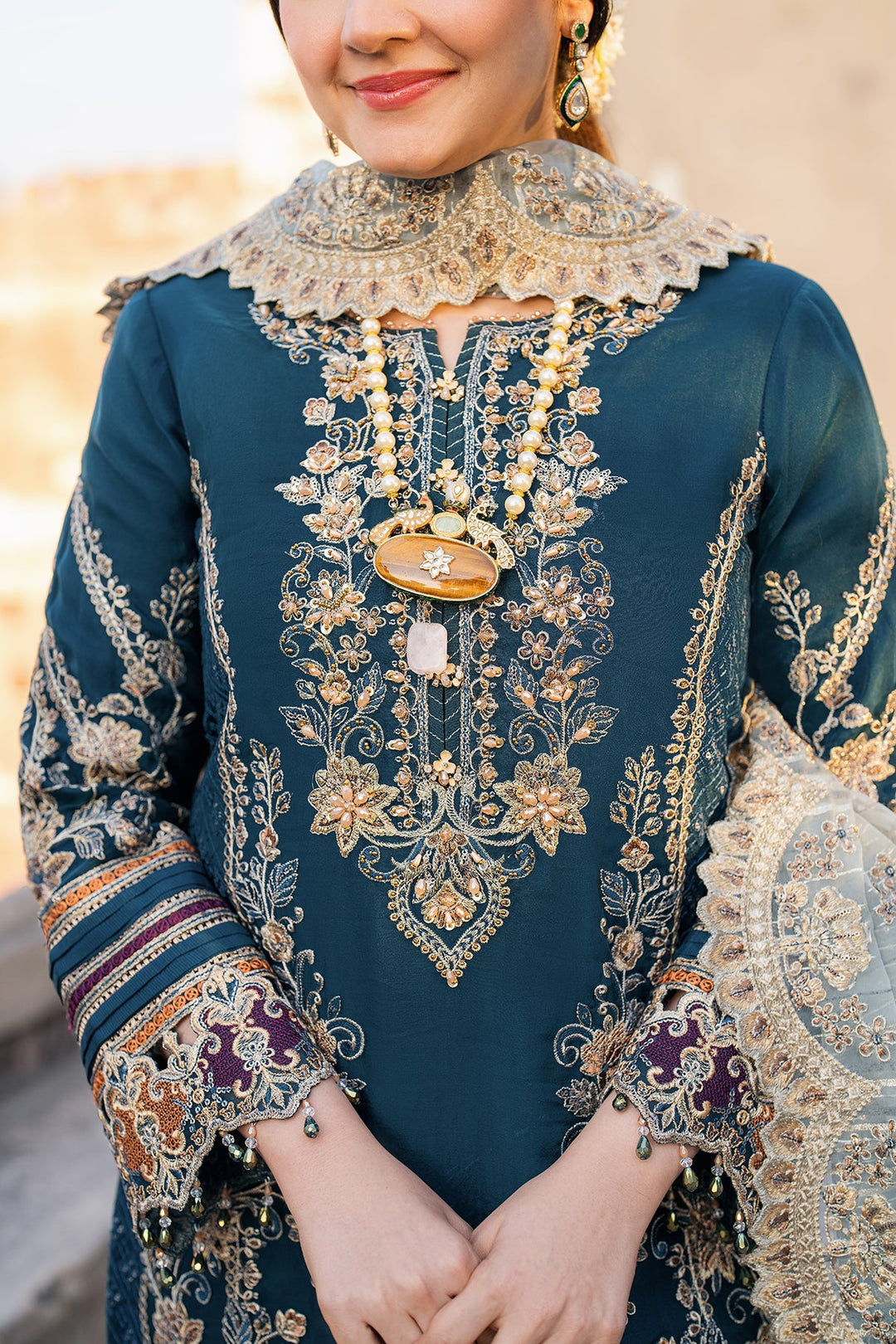 Navy Blue Embroidered Pakistani Salwar Kameez Organza Dupatta
