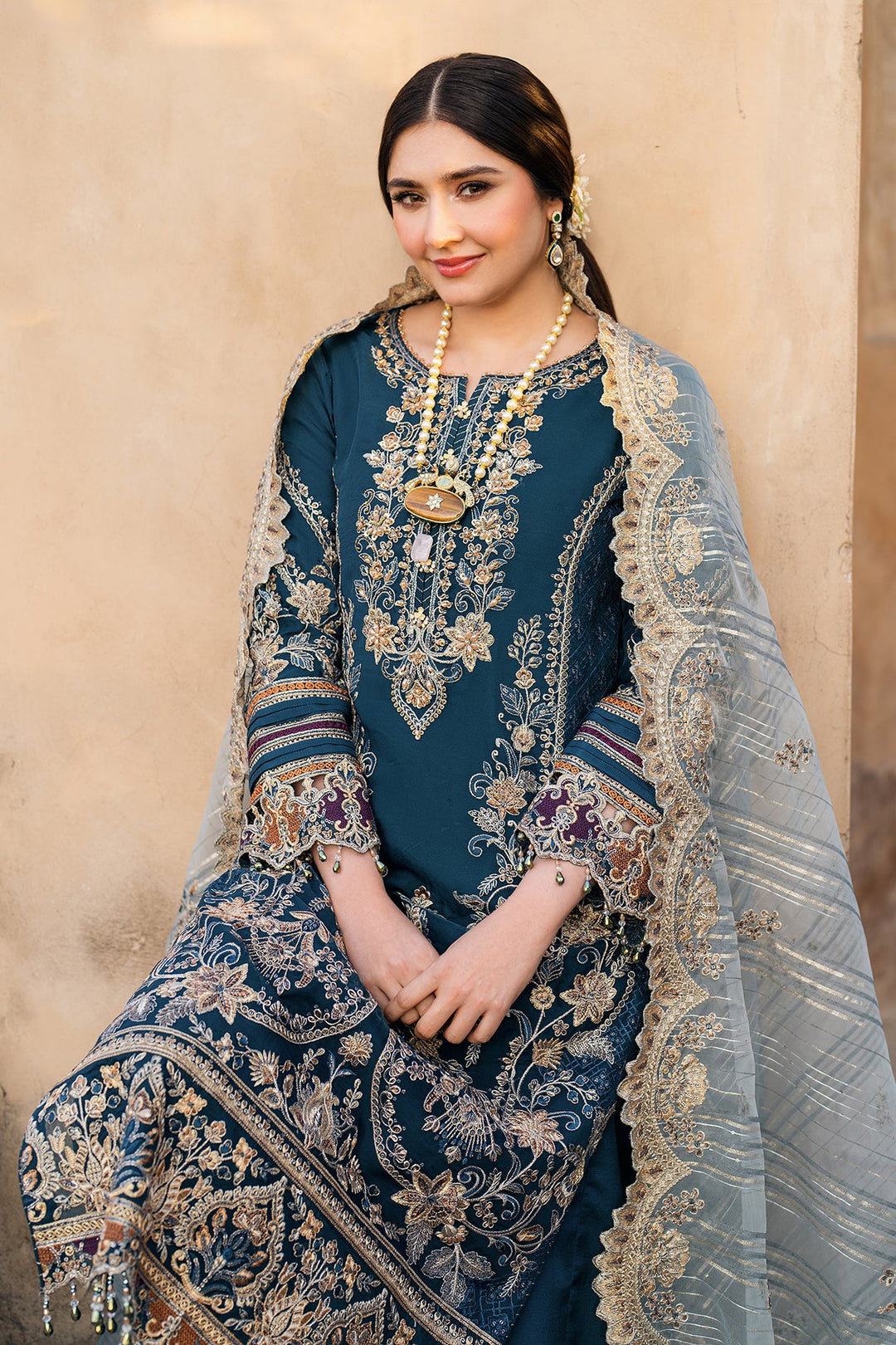 Navy Blue Embroidered Pakistani Salwar Kameez with Dupatta