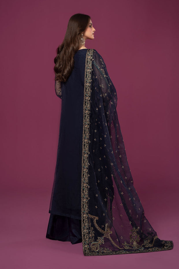 Navy Blue Maria B Pakistani Salwar Kameez Party Dress in Organza