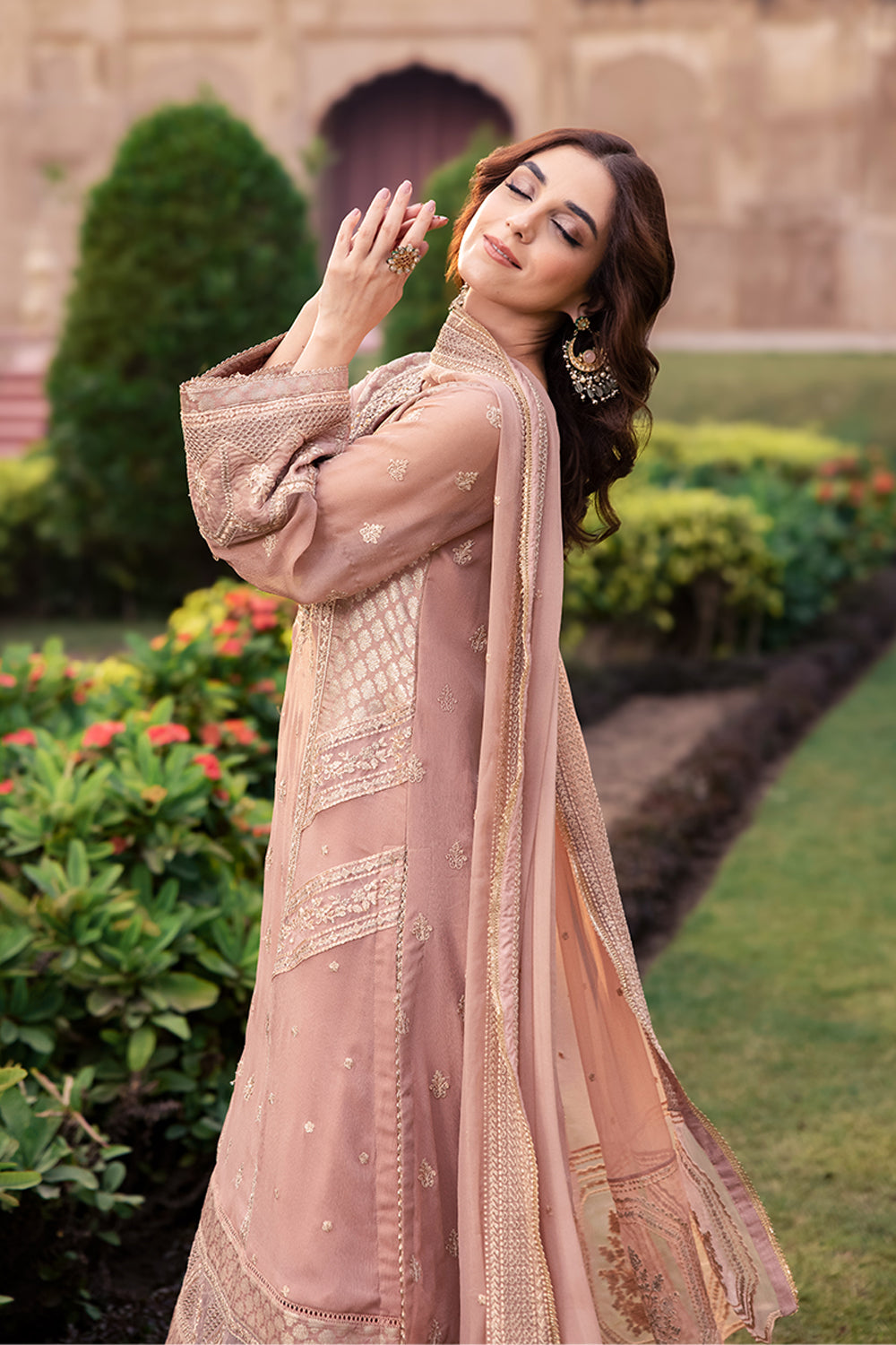 Elegant Beige Hand Embellished Jamawar Pakistani Party Dress