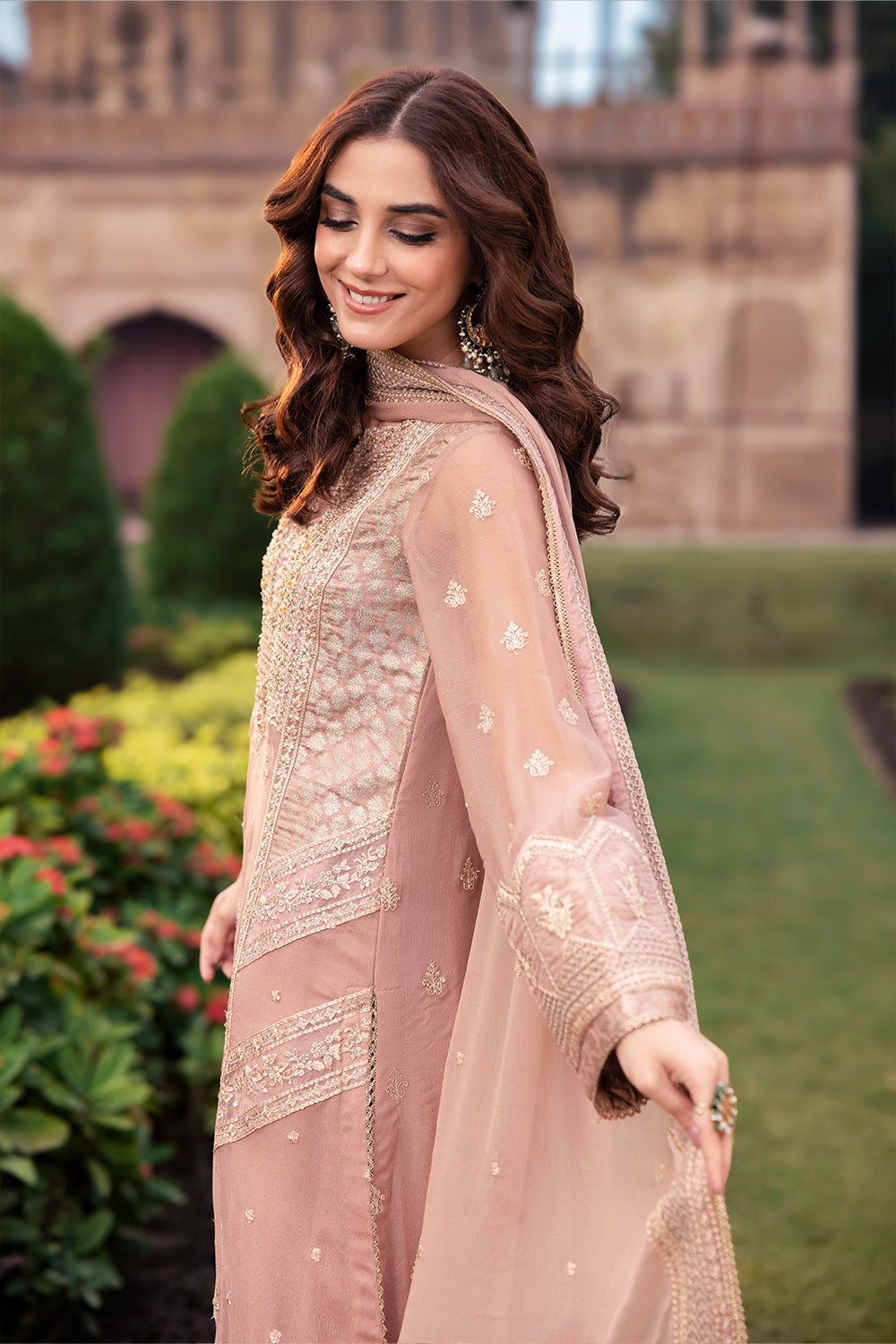 Elegant Beige Hand Embellished Jamawar Pakistani Party Dress