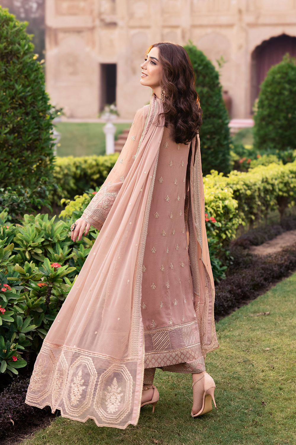 Elegant Beige Hand Embellished Jamawar Pakistani Party Dress