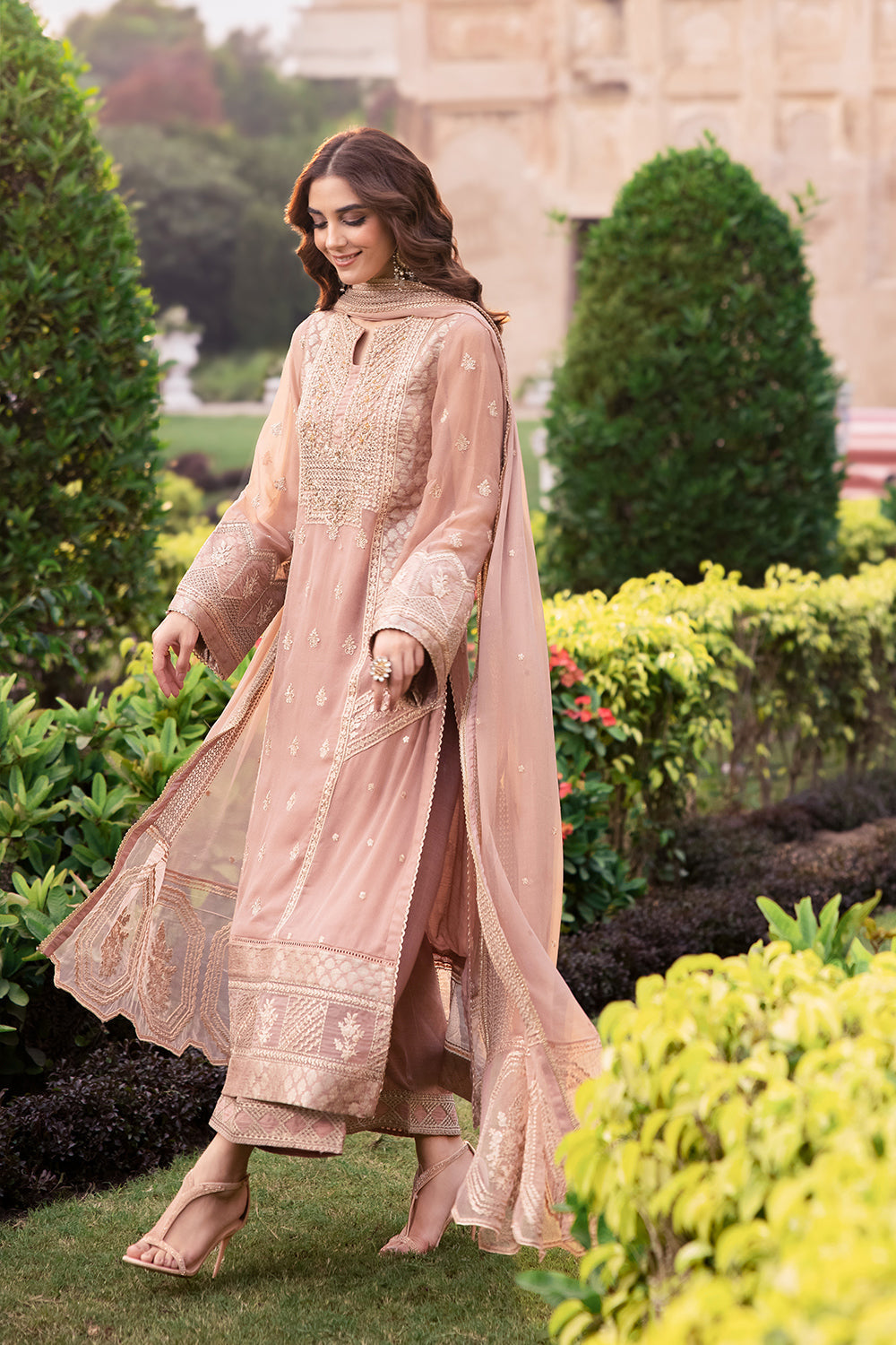 Elegant Beige Hand Embellished Jamawar Pakistani Party Dress