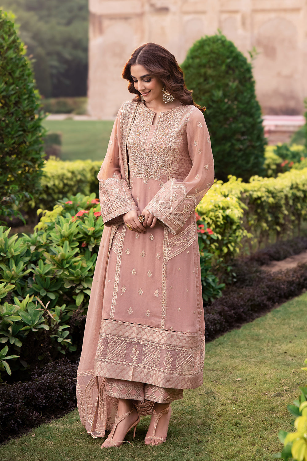 Elegant Beige Hand Embellished Jamawar Pakistani Party Dress