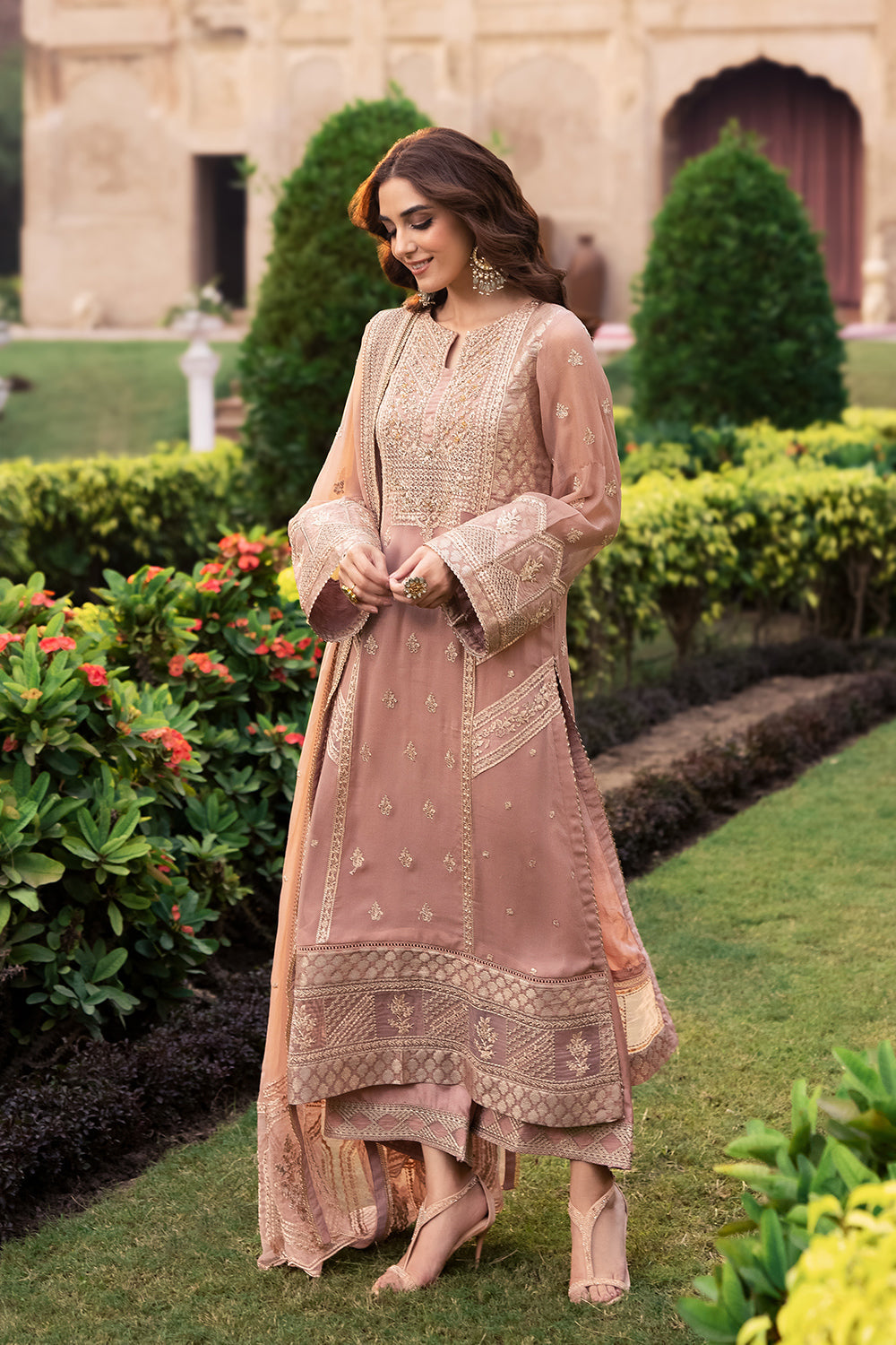 Elegant Beige Hand Embellished Jamawar Pakistani Party Dress