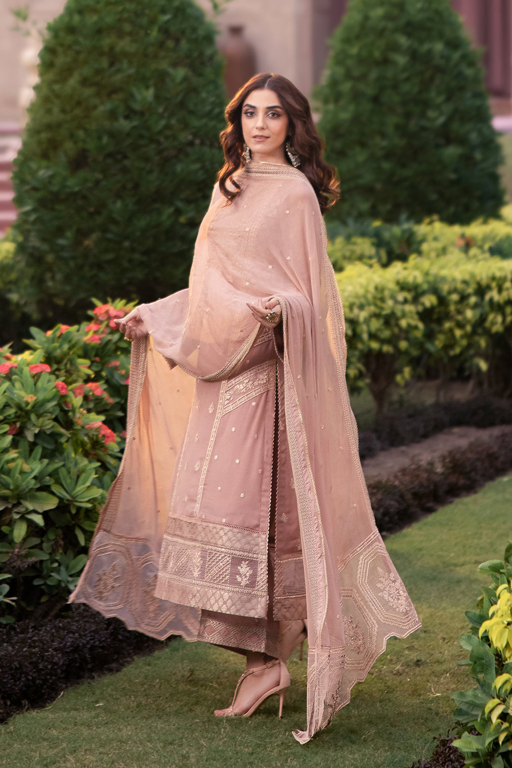Elegant Beige Hand Embellished Jamawar Pakistani Party Dress