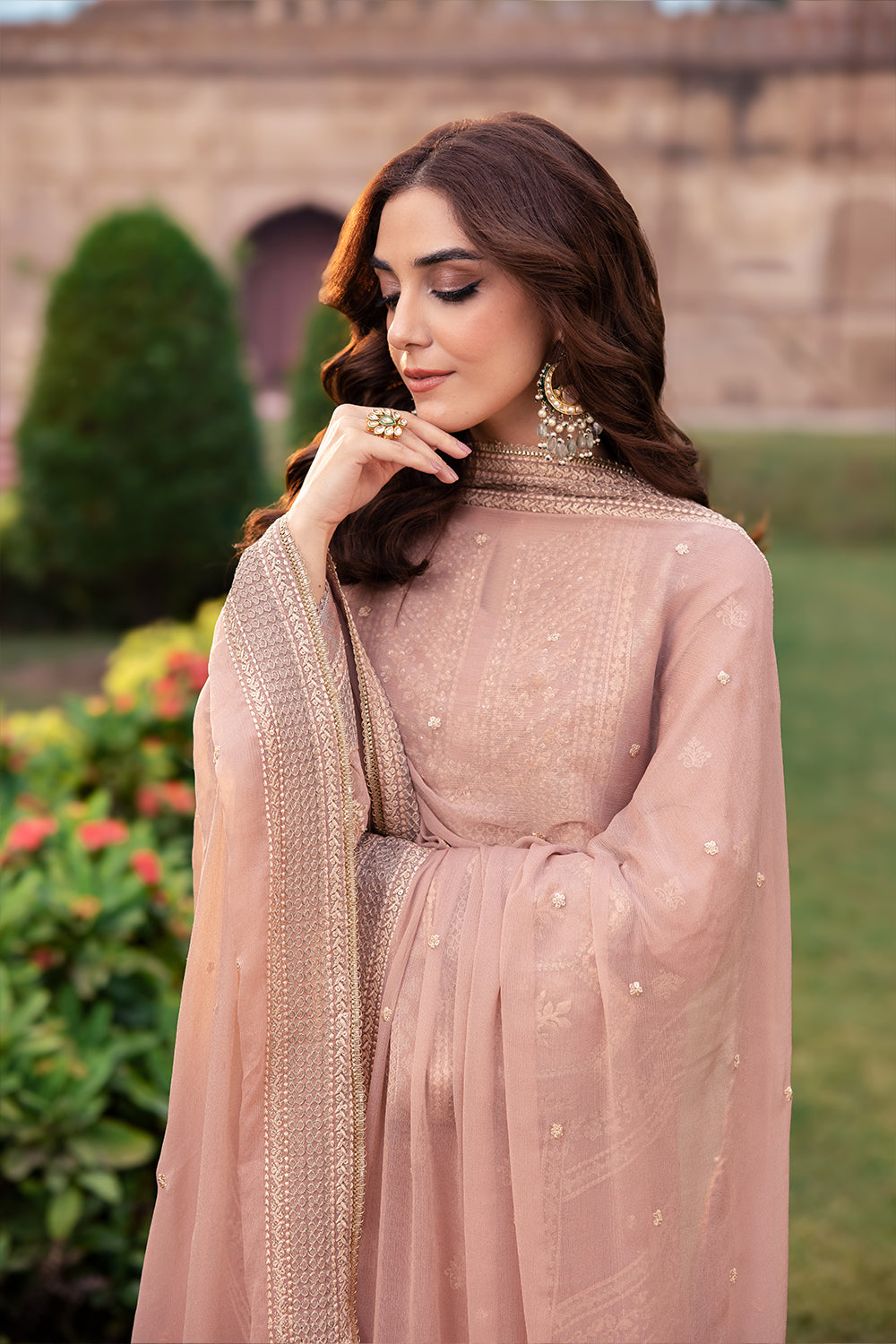 Elegant Beige Hand Embellished Jamawar Pakistani Party Dress