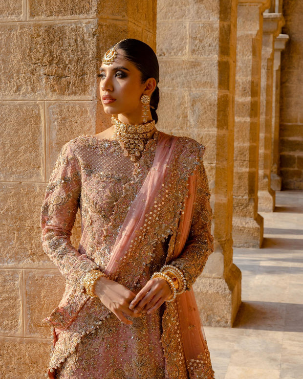 Net Pink Lehenga Shirt for Pakistani Bridal Dress 2023