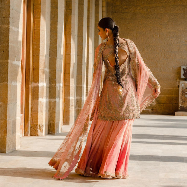 Net Pink Lehenga Shirt for Pakistani Bridal Dress