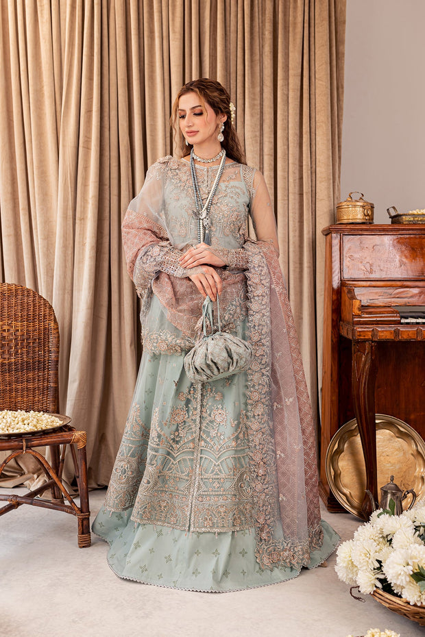 New Aqua Blue Embroidered Gown Style Lehenga Pakistani Wedding Dress