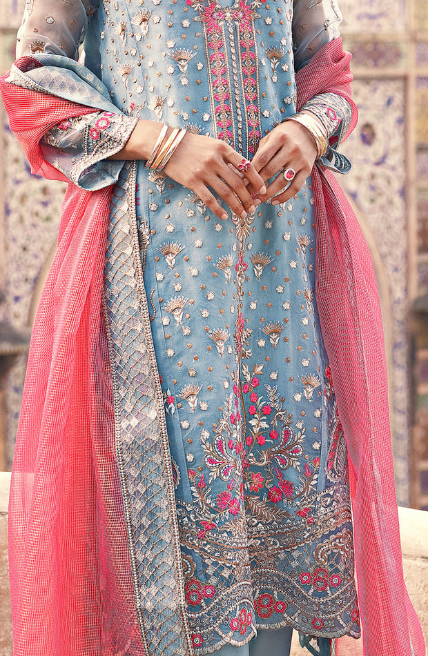 New Aqua Blue Embroidered Pakistani Salwar Kameez with Pink Contrast
