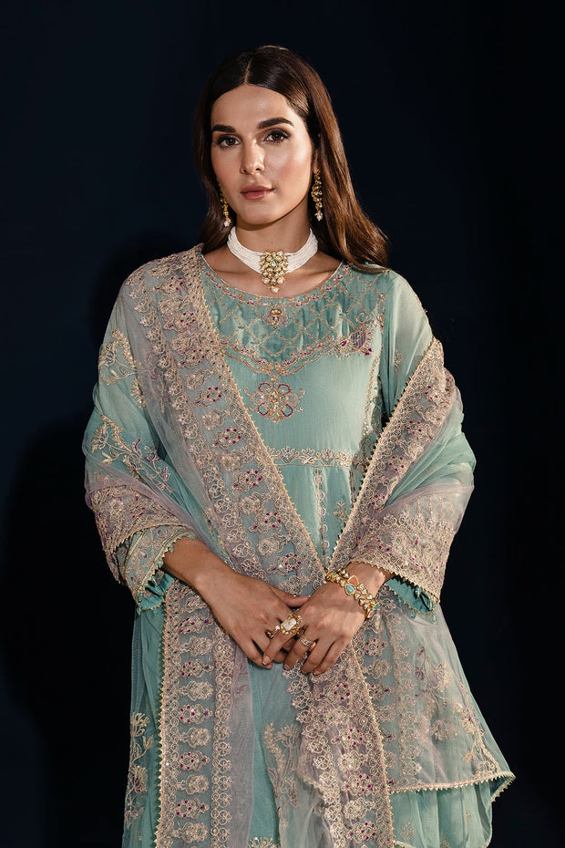 New Aqua Blue Heavily Embellished Kalidar Frock Pakistani Party Dress