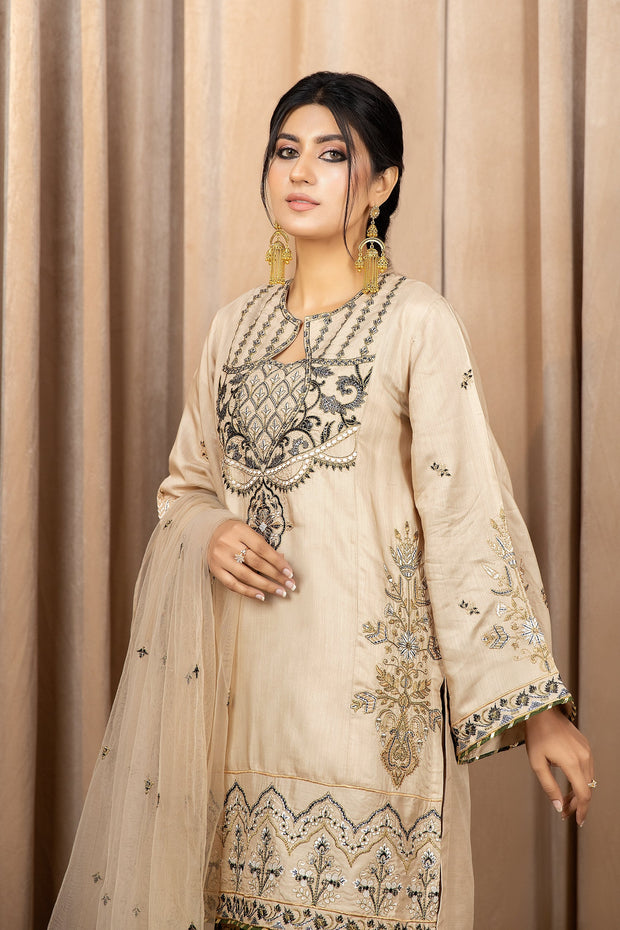 New Beige Embroidered Pakistani Salwar Kameez in Sharara Style Party Dress