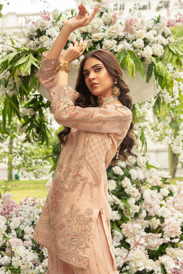 New Beige Peach Heavily Embellished Kameez Sharara Pakistani Wedding Dress 2023