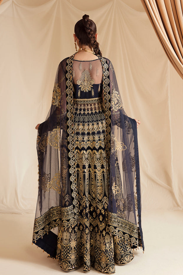 New Berry Blue Embroidered Pakistani Wedding Dress in Kalidar Pishwas Style